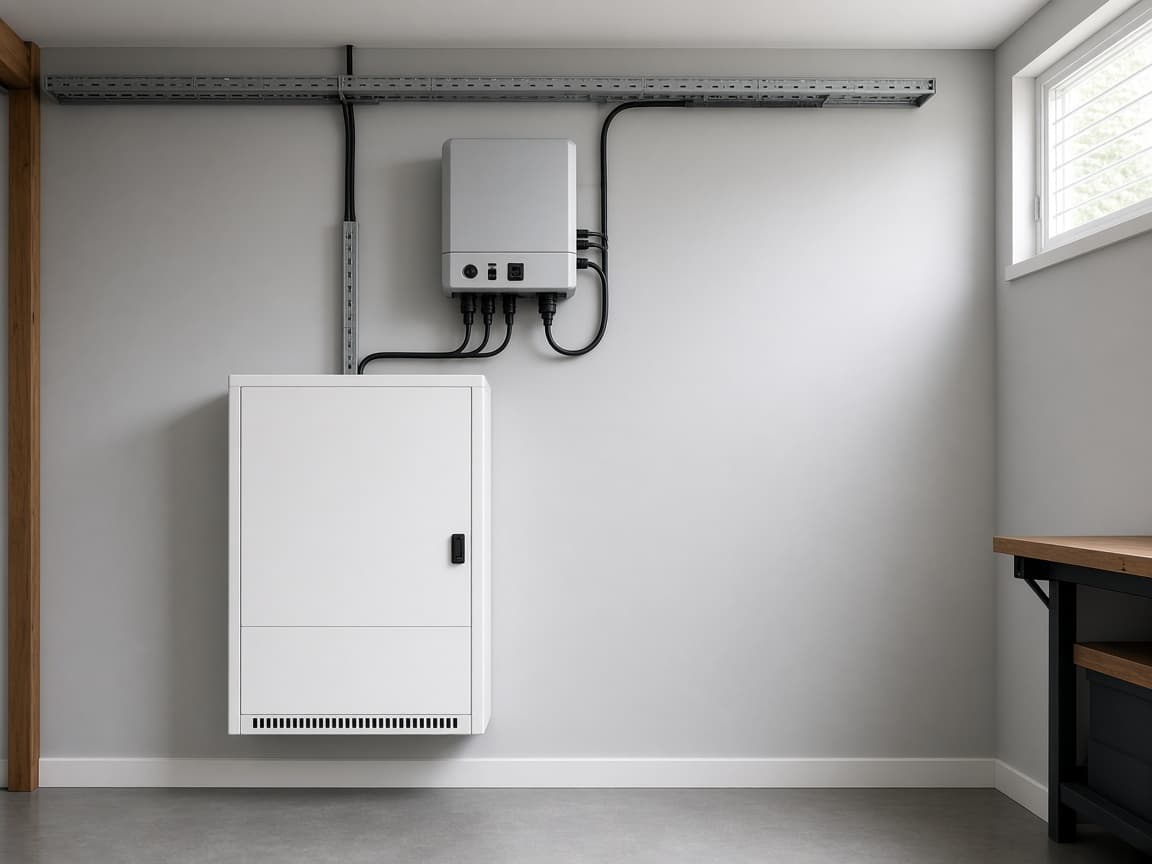 A battery cabinet and inverter mounted on a garage wall