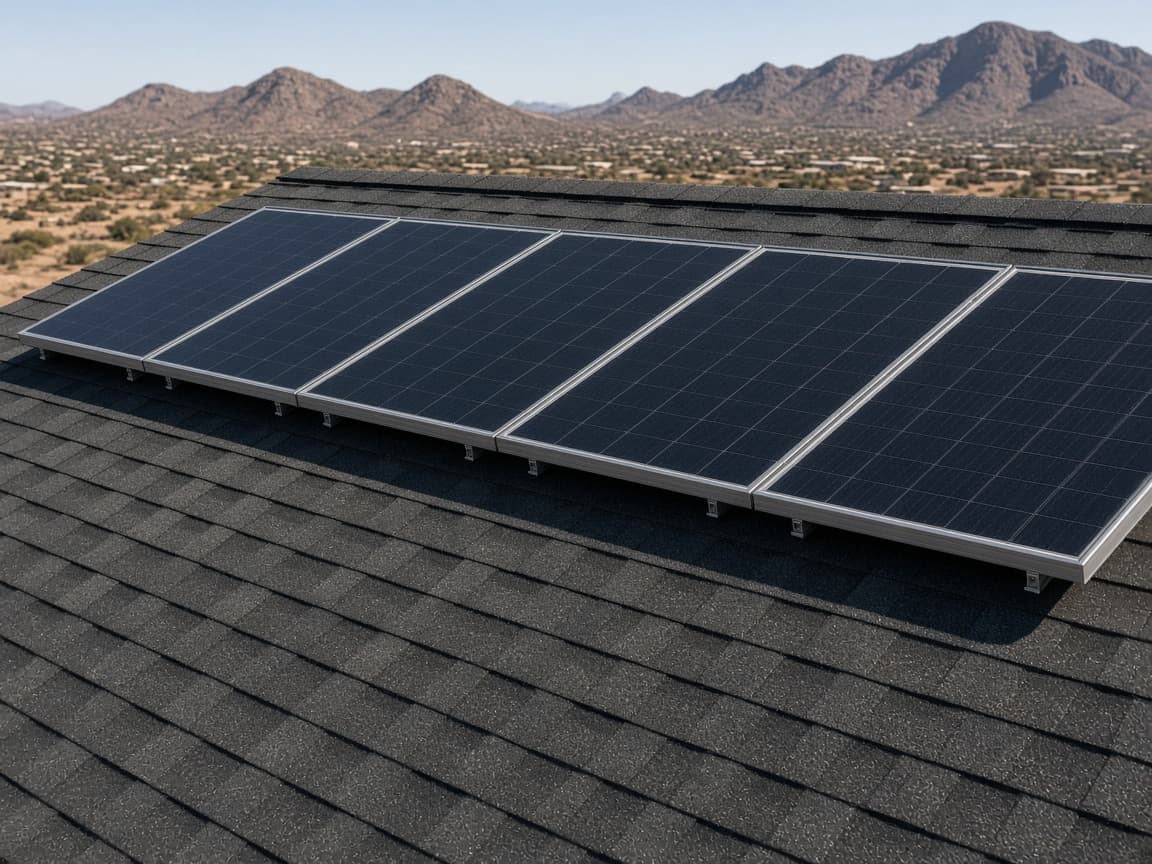 Black solar panels set back from the edge of a shingle roof