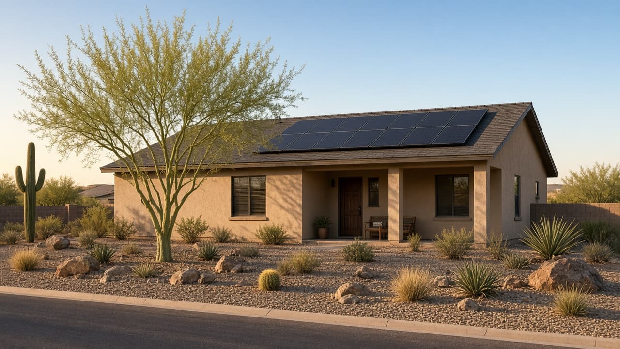 A single-story desert home with solar panels on the roof